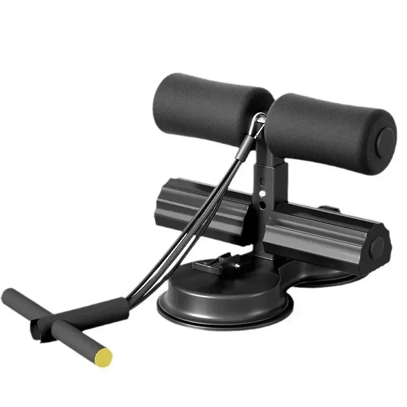 Black sit-up assistant abdominal trainer with suction base and resistance bands