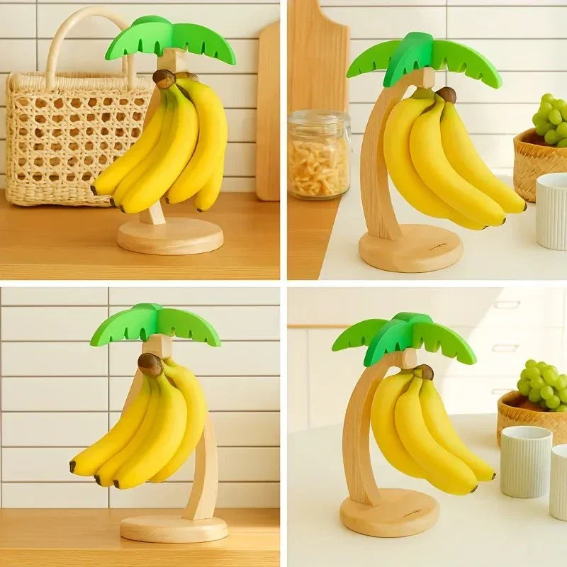 Wooden banana holder shaped like a palm tree with ripe bananas hanging, shown in kitchen settings