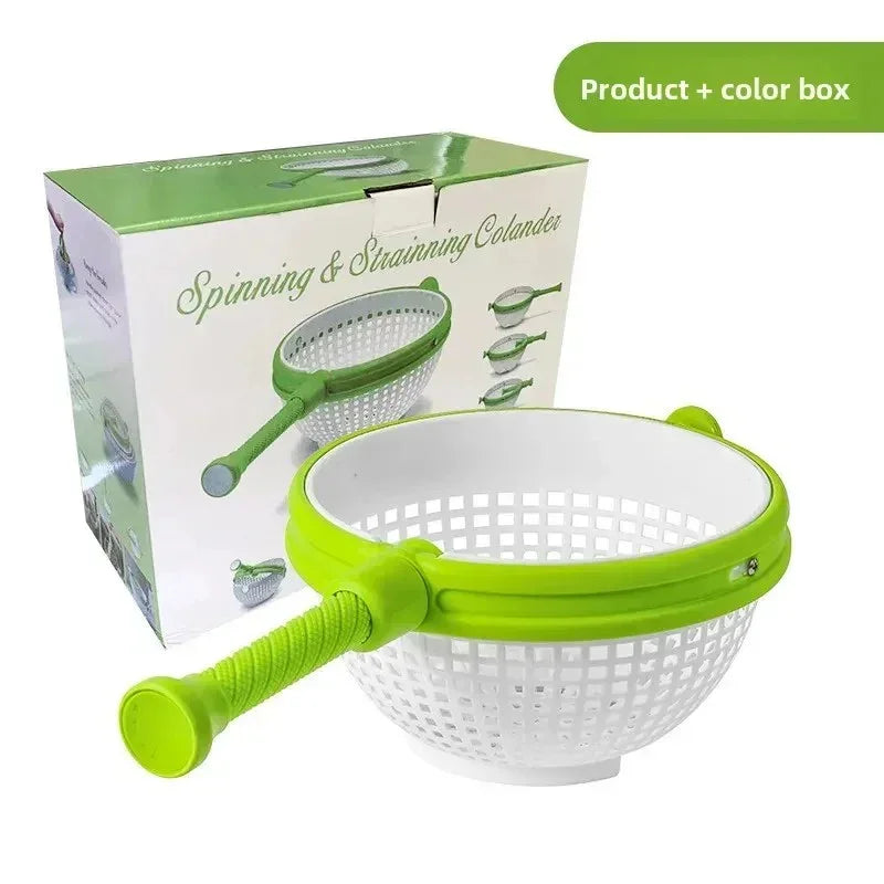 Green and white spinning straining colander with handle and its packaging box
