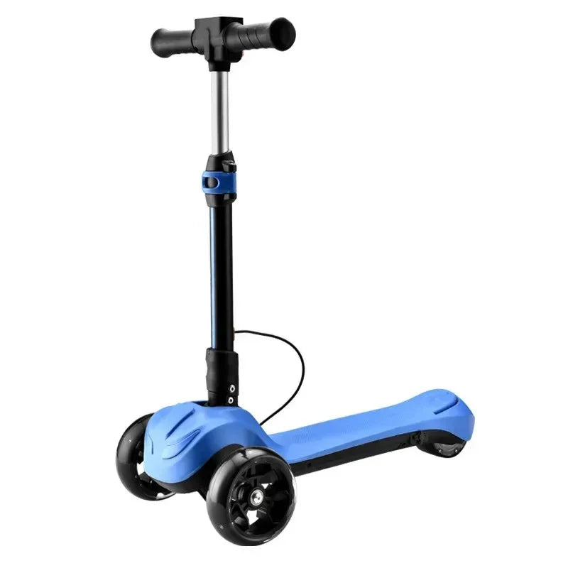 Blue and black three-wheeled kids scooter with adjustable handlebar and textured deck