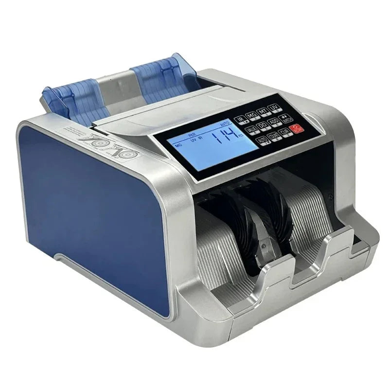 Portable silver and blue currency counting machine with digital display and control panel