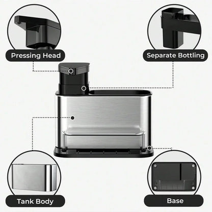 3-in-1 Kitchen Stainless Steel Tableware Soap Dispenser, Sponge Holder, Sink Organizer Drain Rack, Suitable for Kitchen Sinks