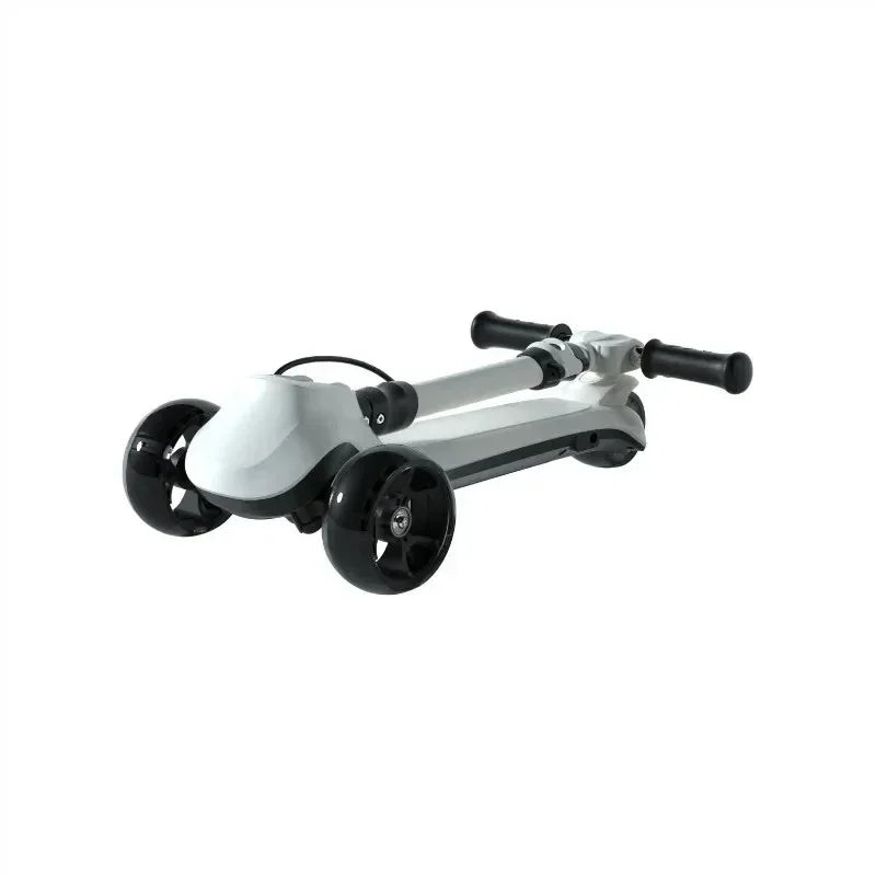 Folded white and black three-wheel electric scooter with black handle grips isolated on white background