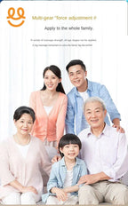 Smiling multi-generation Asian family group promoting leg massage instrument with adjustable strength