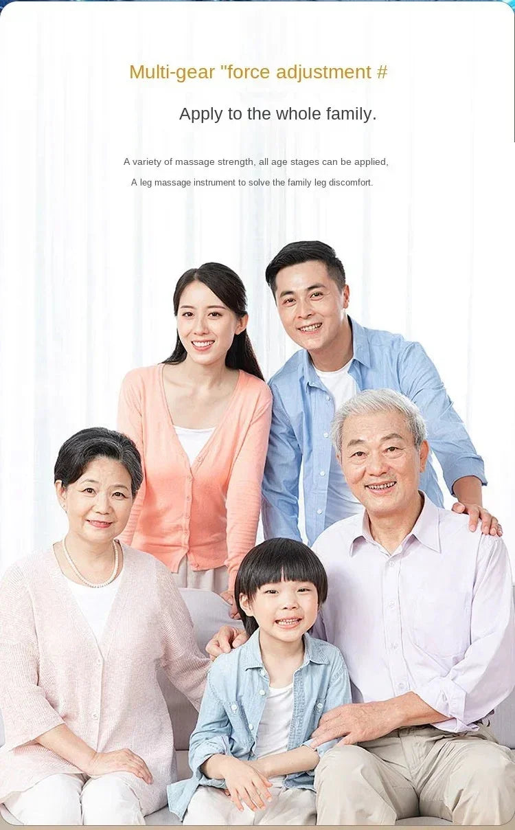 Smiling multi-generation Asian family group promoting leg massage instrument with adjustable strength