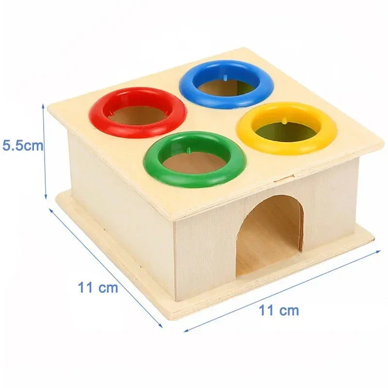 Wooden shape sorter toy with red, blue, green, and yellow rings, measuring 11x11x5.5 cm