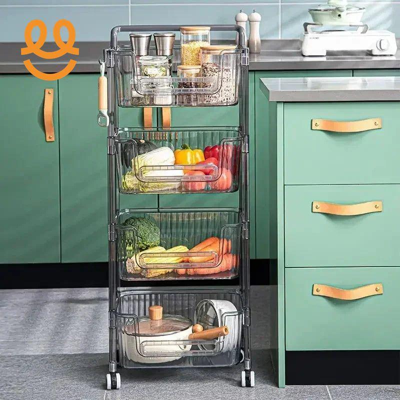 Black metal rolling kitchen cart with clear trays holding jars, vegetables, and cookware in green kitchen