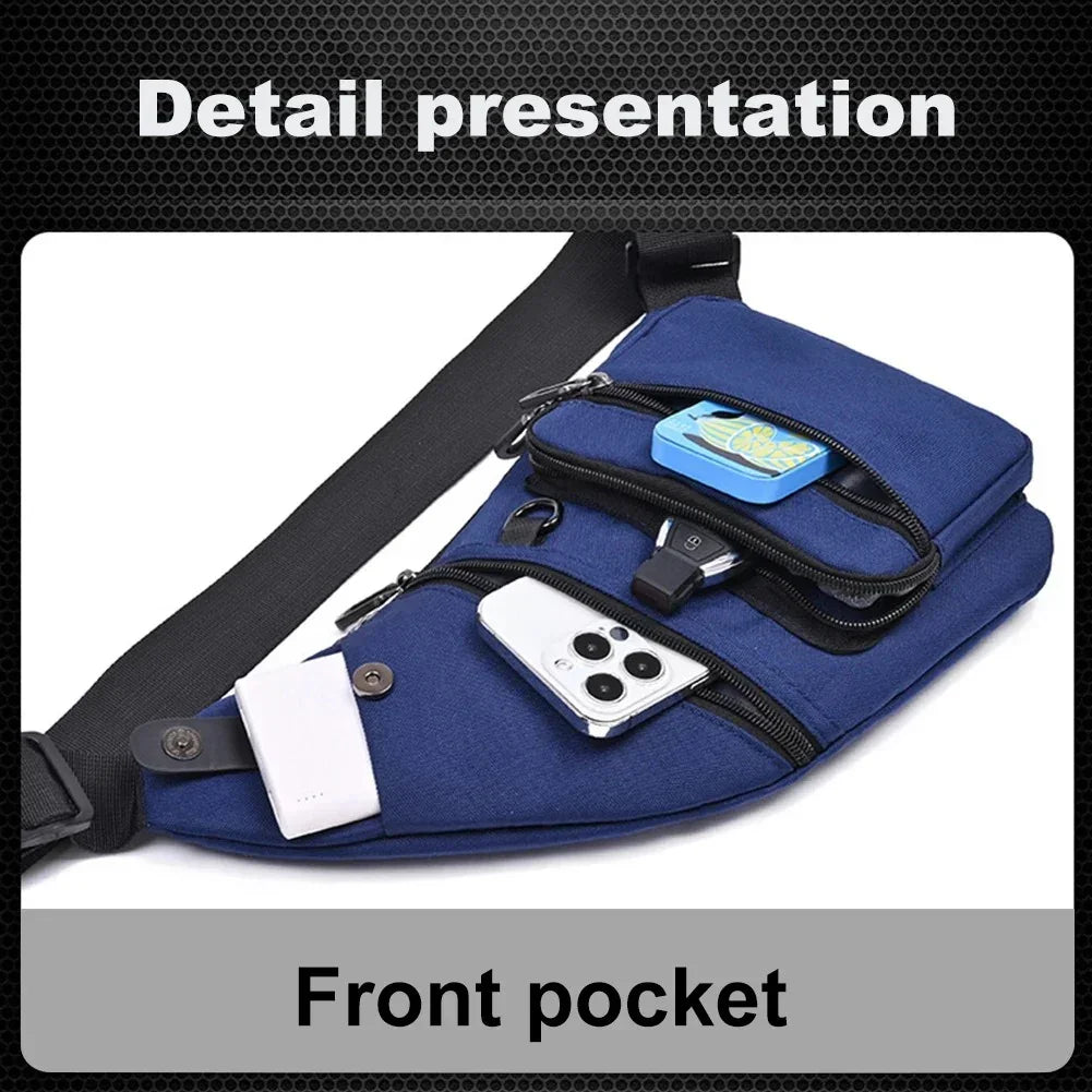 Blue sling bag with multiple zippered front pockets holding a smartphone, key, and small tin case
