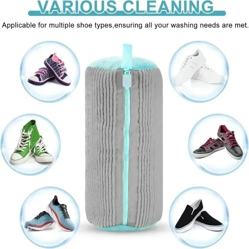 Gray cylindrical shoe washing bag with zipper surrounded by various shoe types including sneakers, casual shoes, and sports shoes