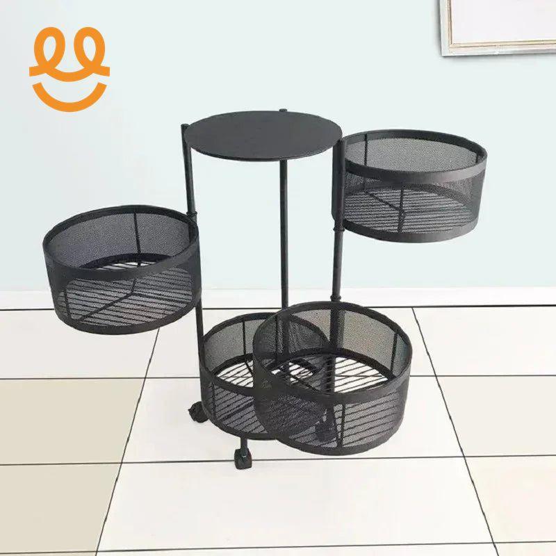 Black metal mesh rolling storage cart with multiple round baskets on tiled floor