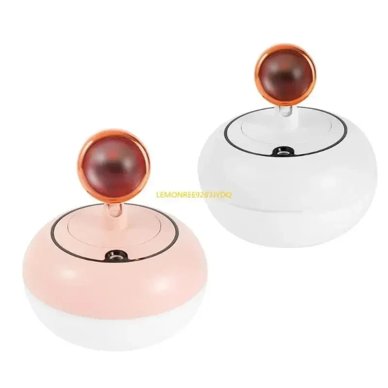 Two round electronic devices with glowing orb lights, one pink and white, the other all white, on a white background