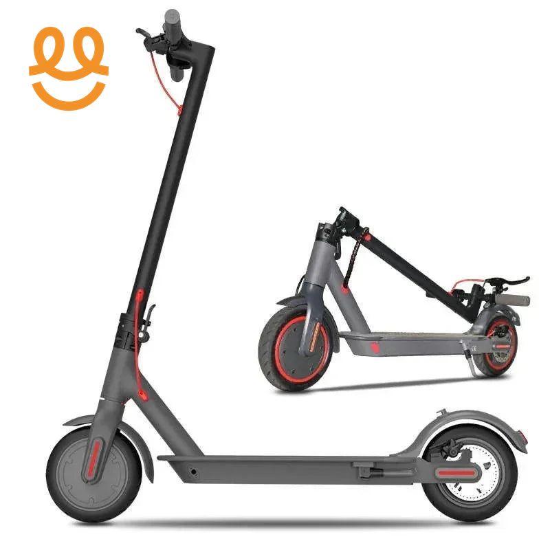 gray electric scooter with red accents, shown in standing and folded positions on white background