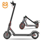 gray electric scooter with red accents, shown in standing and folded positions on white background