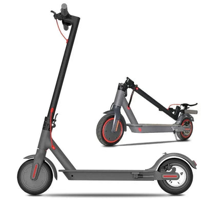 gray electric scooter with red accents, shown in standing and folded positions on white background