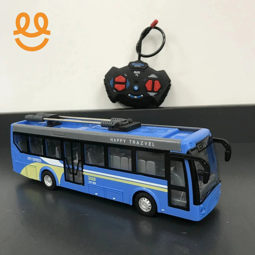 Blue and yellow remote control toy city bus with black controller on black surface
