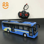 Blue and yellow remote control toy city bus with black controller on black surface