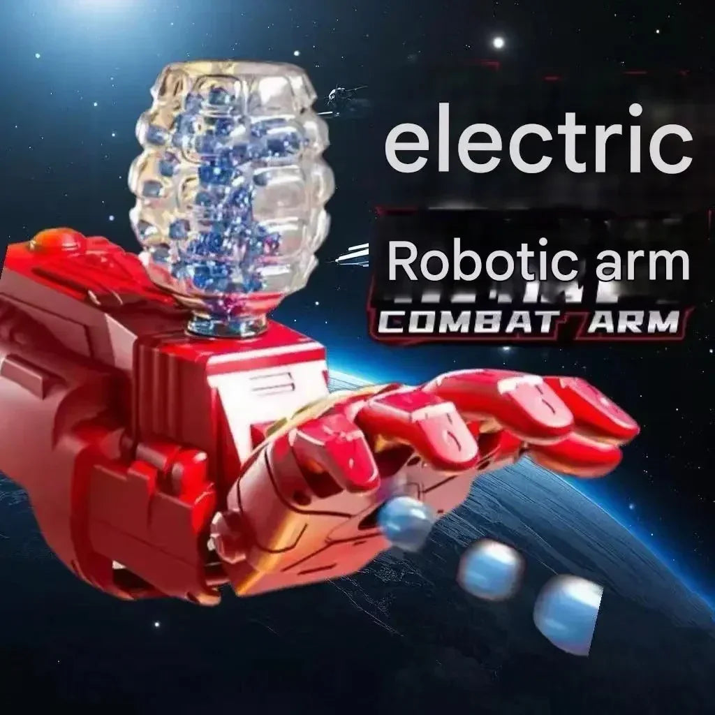 Red electric robotic combat arm toy with clear mechanical details against space and Earth background