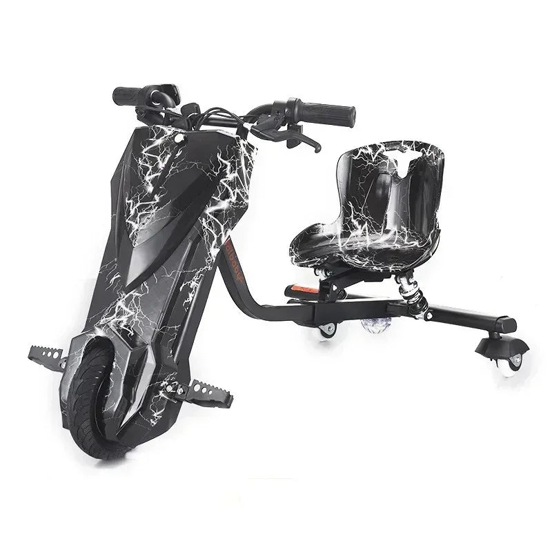 Black electric drift trike with white lightning bolt design and ergonomic seat on white background
