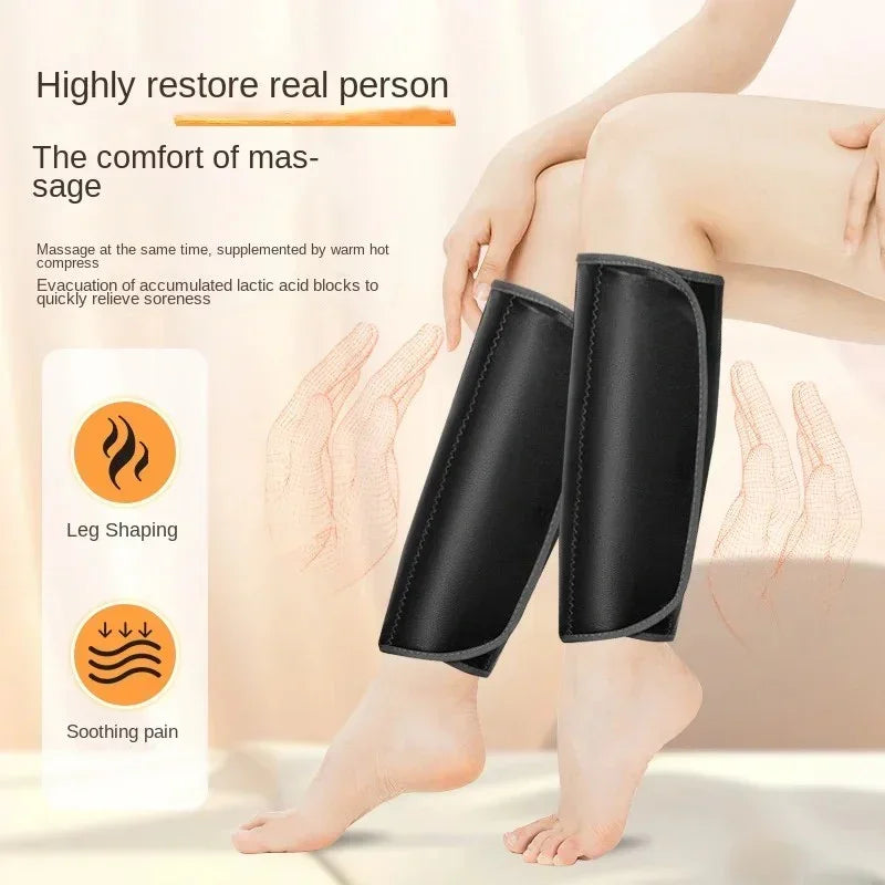 Leg massage sleeves on calves providing shaping and soothing pain relief with warm hot compress