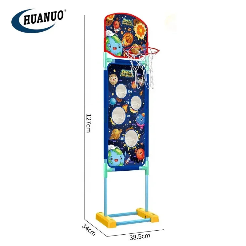 Colorful space-themed basketball hoop stand for kids with planets and scoring targets, 127cm tall