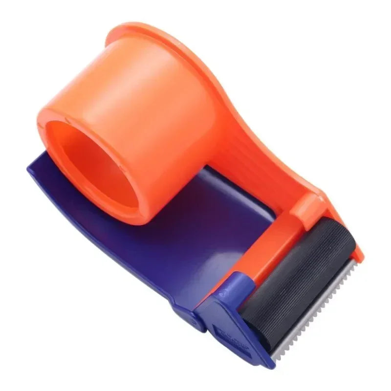 Orange and blue handheld tape dispenser with black serrated cutting edge on white background