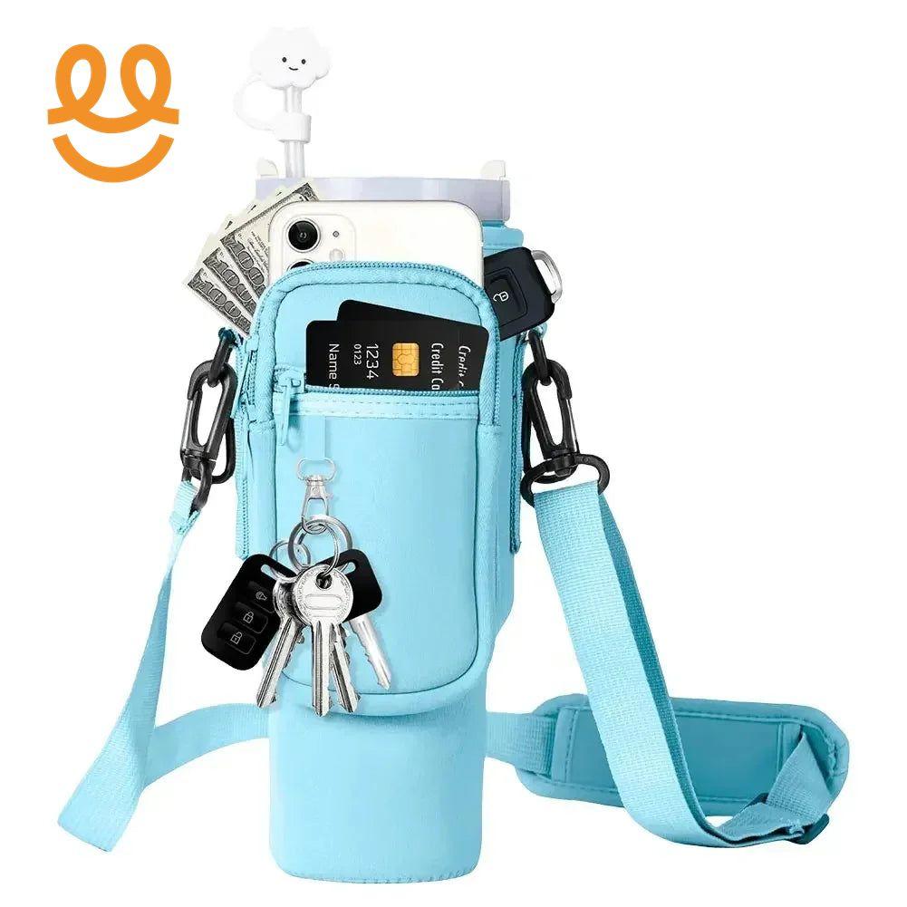 light blue crossbody bag with pockets holding phone, credit cards, keys, dollar bills, and a white cloud-shaped earphone case