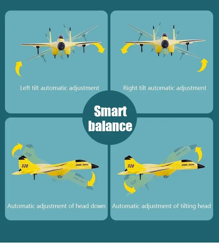 Yellow model jet airplane showing smart balance features with automatic left, right tilt and head adjustments