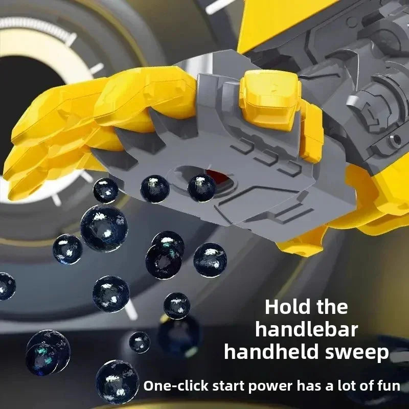 Yellow robotic hand holding black spherical beads with text about handheld sweep and one-click start power