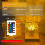 LED cube night light on wooden base with warm yellow light and remote control features displayed