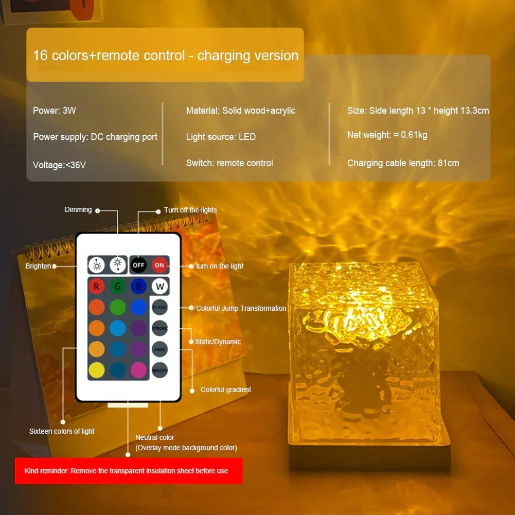 LED cube night light on wooden base with warm yellow light and remote control features displayed