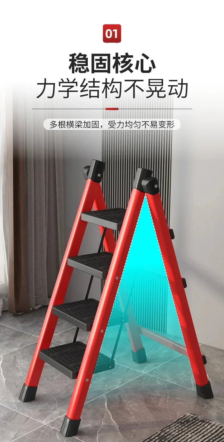 Red and black folding step ladder with sturdy steps in modern living room on tiled floor