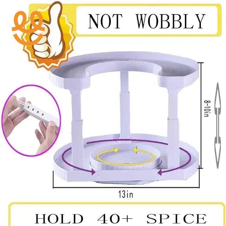 Adjustable 13-inch two-tier lazy Susan spice rack holding over 40 spices with stable height 8-10 inches