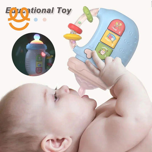 Baby playing with a colorful educational toy bottle with buttons and rings