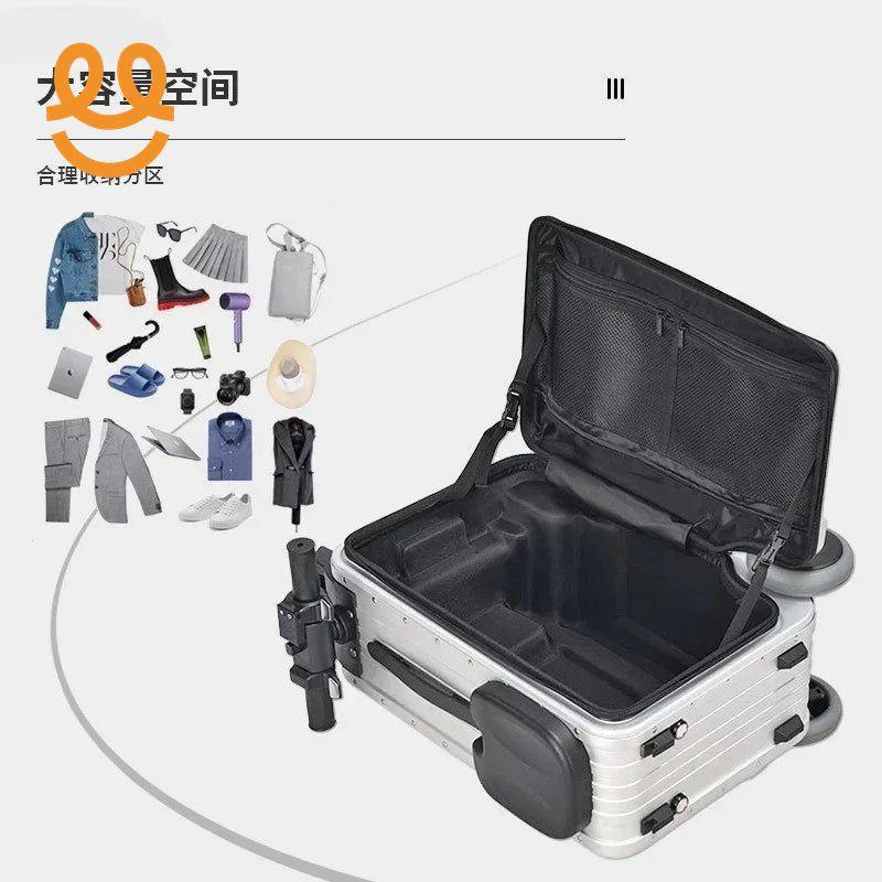 Open silver hard-shell suitcase with black interior compartments and organizer pockets