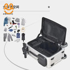 Open silver hard-shell suitcase with black interior compartments and organizer pockets