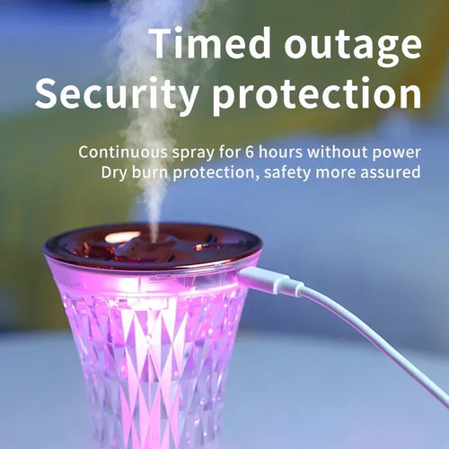 USB-powered humidifier with purple light emitting mist, featuring timed outage and safety protection
