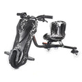 Black electric drift trike with white lightning bolt design and padded seat on white background