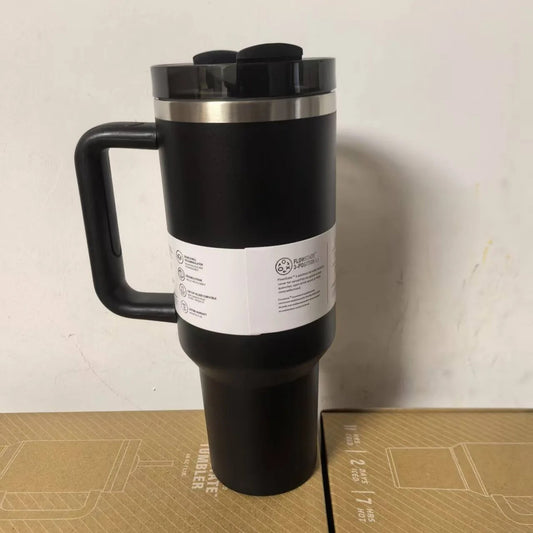 40oz Black Tumbler with Handle & Lid – Stainless Steel Double Wall Insulated Travel Mug for Hot & Cold Drinks