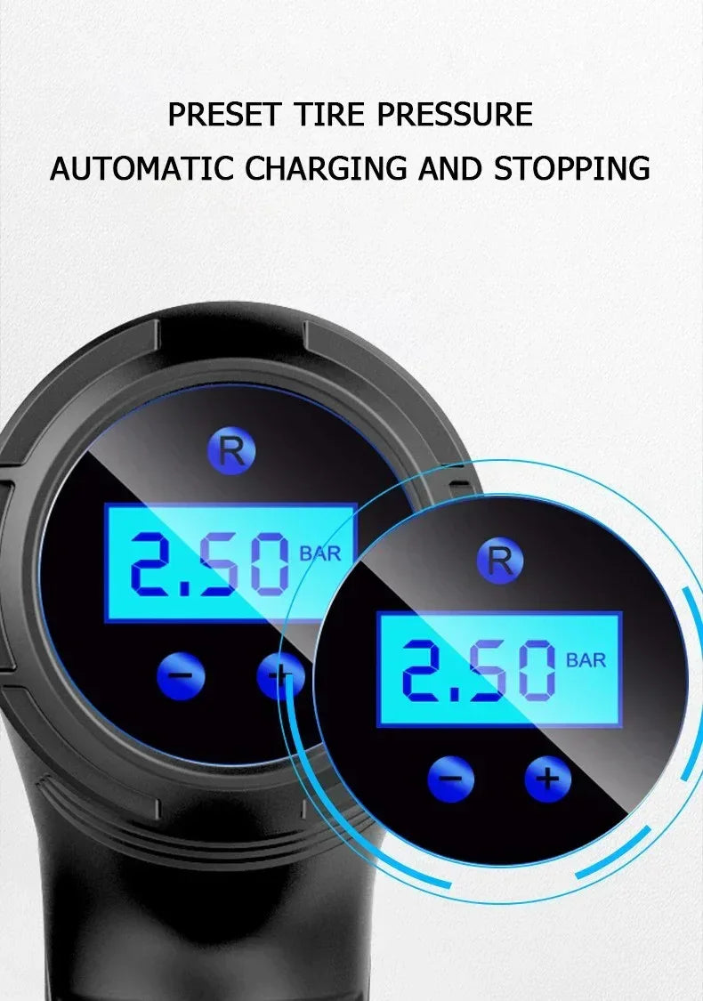 Digital tire pressure gauge display showing preset pressure at 2.50 bar with automatic charging and stopping