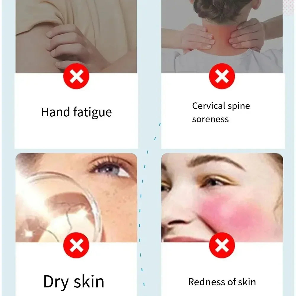 Four images showing hand fatigue, cervical spine soreness, dry skin, and redness of skin with red X marks