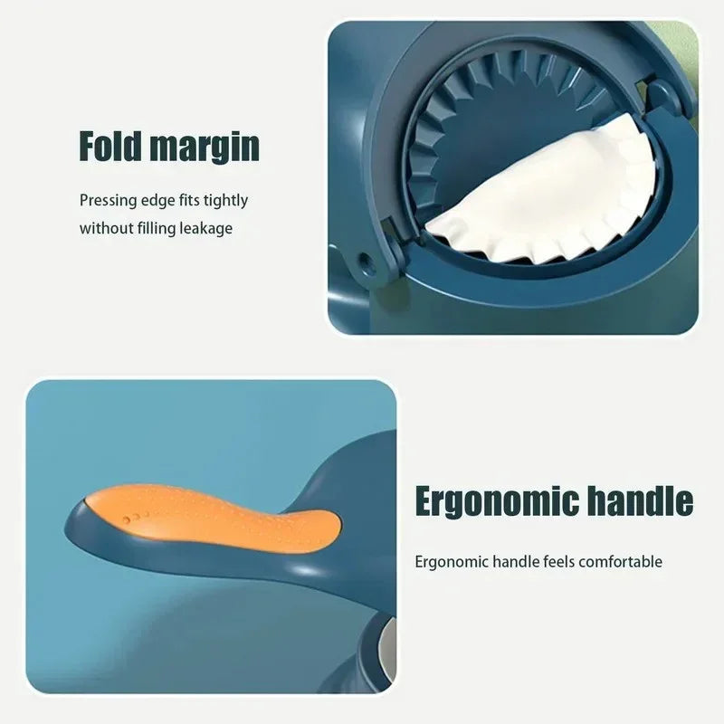 Close-up of a dumpling maker showing fold margin feature and ergonomic handle for comfortable use