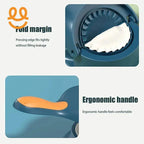 Close-up of a dumpling maker showing fold margin feature and ergonomic handle for comfortable use