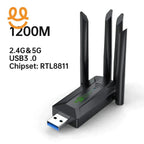 Black USB WiFi adapter with four antennas, supports 1200M, 2.4G & 5G dual bands, USB 3.0, RTL8811 chipset
