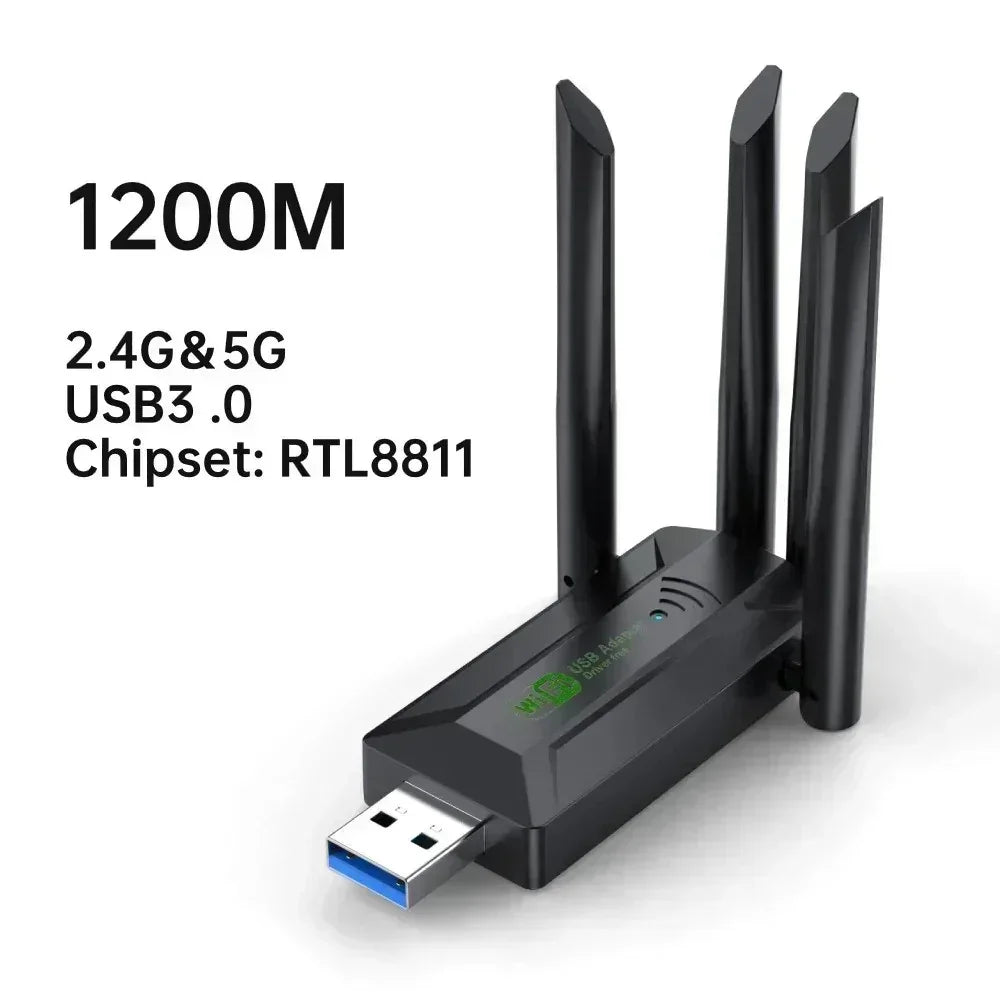 Black USB WiFi adapter with four antennas, supports 1200M, 2.4G & 5G dual bands, USB 3.0, RTL8811 chipset
