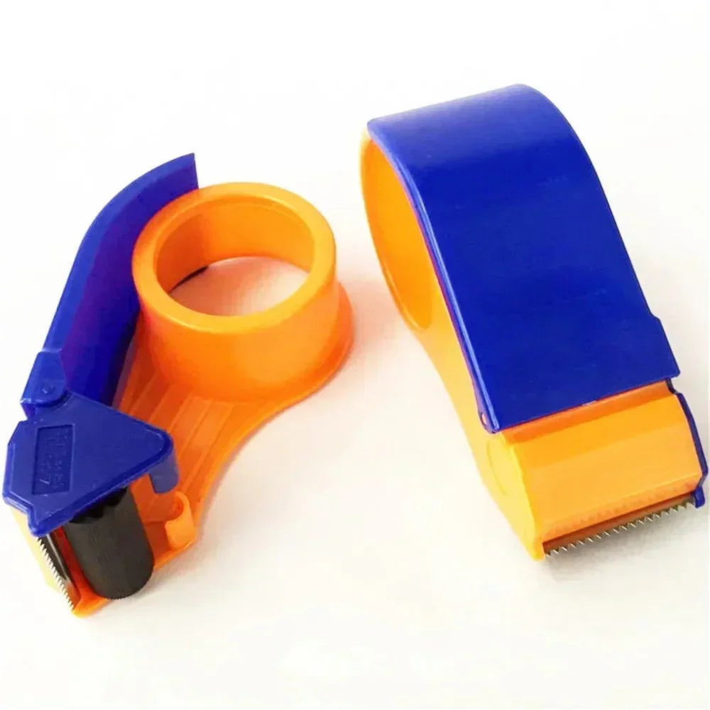 Blue and orange plastic tape dispensers on a white background
