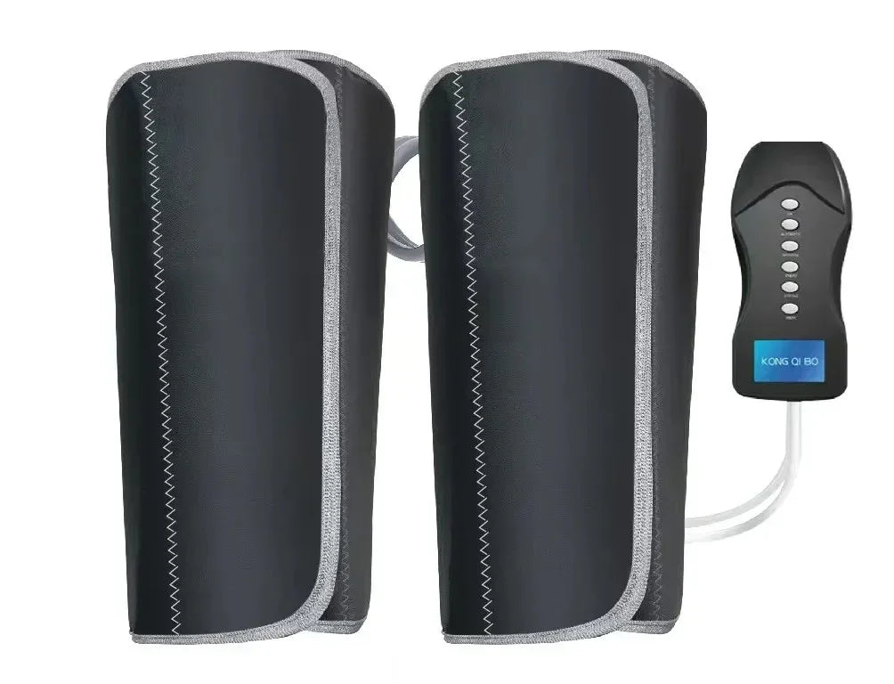 Black leg air compression massager sleeves with gray edges and remote control device