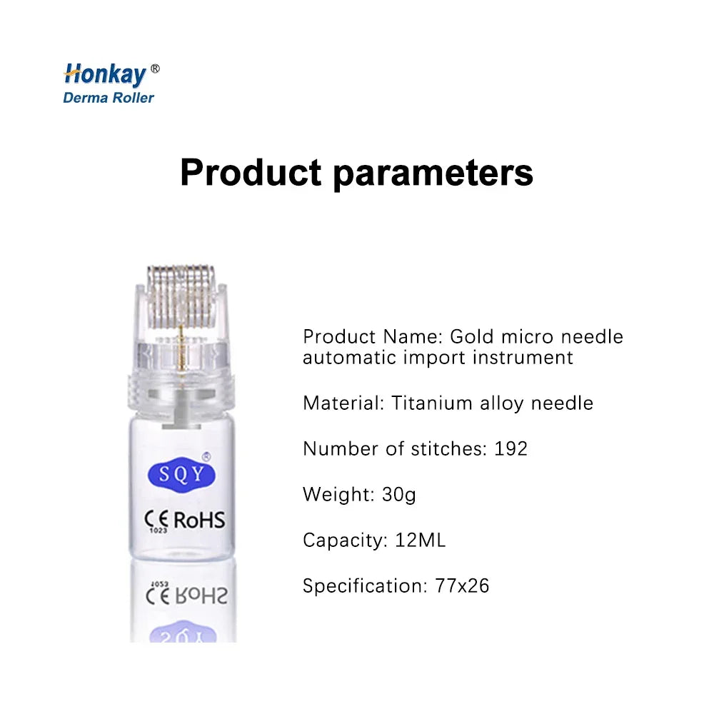 Gold micro needle automatic derma roller with titanium alloy needles, 192 stitches, 12ML capacity