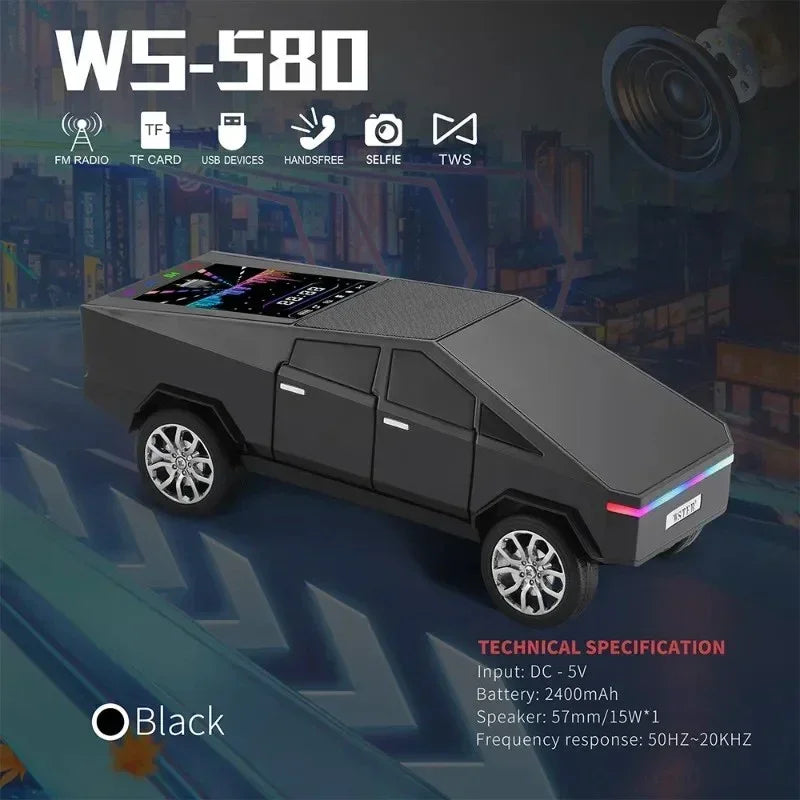 Black WS-580 mini speaker shaped like a Tesla Cybertruck with FM radio, TF card, USB, handsfree, selfie, TWS features
