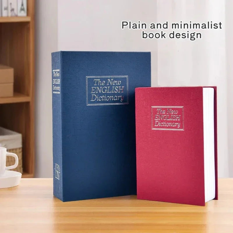 Plain and minimalist design of two dictionary books, one blue and one red, on wooden table