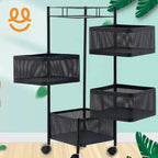 Black metal mesh rotating storage cart with four square baskets on caster wheels